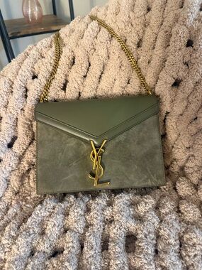 Saint Laurent Green Suede and Leather YSL Envelope Shoulder Bag with Gold Chain